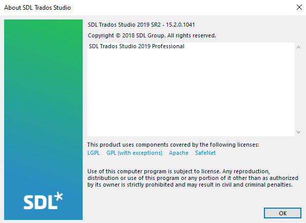 About SDL Trados Studio dialog box displaying the version as 'SDL Trados Studio 2019 SR2 - 15.2.0.1041' with copyright and license information.