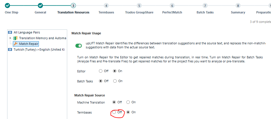 Trados Studio Match Repair settings showing 'Termbases' option toggled off.