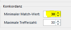 Trados Studio screenshot showing Concordance search settings with 'Minimal Match Value' set to 30 and 'Maximum Number of Hits' set to 30.