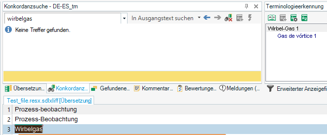 Trados Studio screenshot displaying 'No results found' message in Concordance search for the term 'wire glass' in DE-ES translation memory.