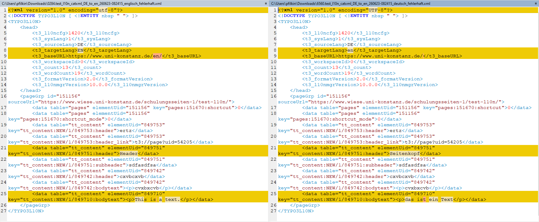 Side-by-side comparison of XML files in Trados Studio showing differences in translations highlighted in yellow.