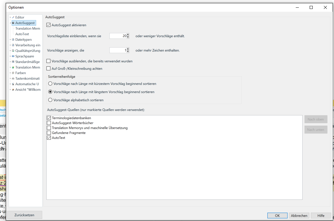 Trados Studio AutoSuggest settings window showing options such as activating AutoSuggest, displaying suggestion list, and sorting suggestions. No errors visible.