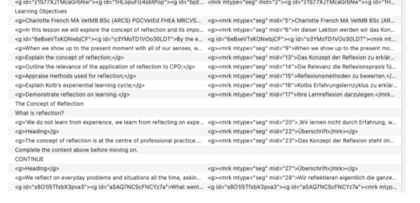Screenshot of Trados Studio showing code and text segments with missing spaces between segments, indicating a potential issue with segmentation settings.