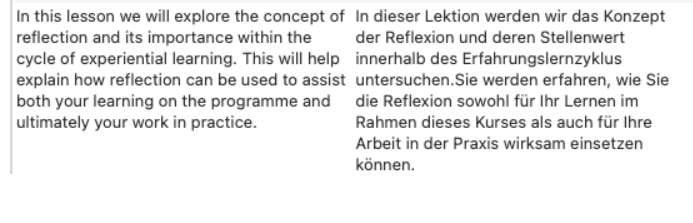 Close-up view of Trados Studio interface displaying a comparison of English and German text with proper spacing, no visible errors.