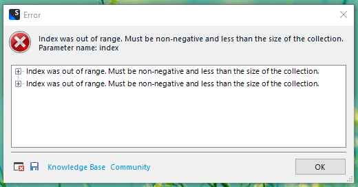 Error message window on Trados Studio stating 'Index was out of range. Must be non-negative and less than the size of the collection. Parameter name: index' with Knowledge Base and Community buttons and an OK button.