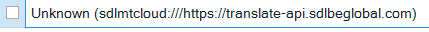 Error message in Trados Studio showing an unknown entry with the text 'sdlmtcloud:https:translate-api.sdlbeglobal.com'.