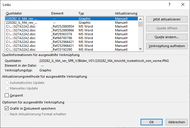 Screenshot of Word's Links dialog box showing source file links with manual update settings and various linked MS Word and graphic elements.