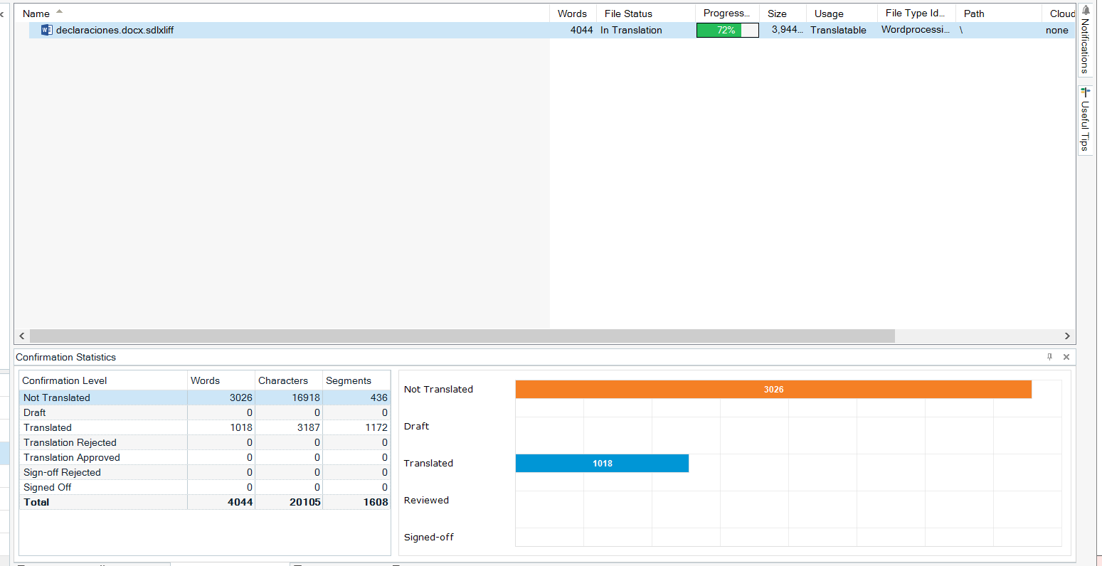 Screenshot of Trados Studio progress showing 72% completion with 4044 words in translation. Confirmation statistics indicate 3026 words not translated and 1018 words translated.