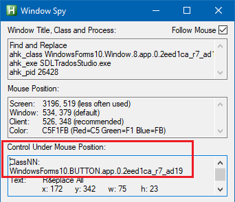 Window Spy tool showing details of the 'Replace All' button in Trados Studio with control name 'WindowsForms10.BUTTON.app.0.2eed1ca_r7_ad19'.