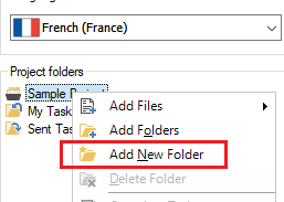 Trados Studio screenshot showing the option to 'Add New Folder' highlighted within the Project folders menu.