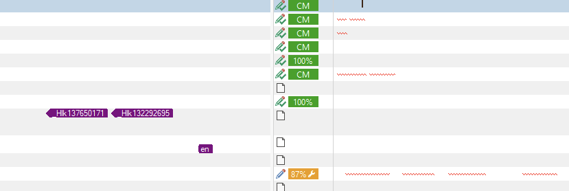 Screenshot of Trados Studio editor view with blank segments. Segment status icons and percentage match visible, but no text displayed.