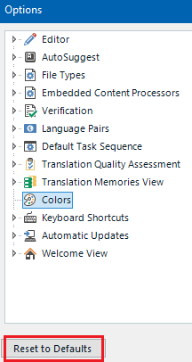 Trados Studio Options menu with a list of settings. 'Colors' is selected and 'Reset to Defaults' button is highlighted at the bottom.