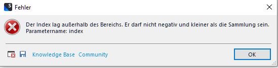 Error message in Trados Studio stating 'Index outside range. It must not be negative and smaller than the collection. Parametername: index' with an OK button.
