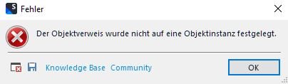 Error message in Trados Studio stating 'The object reference was not set to an object instance.' with options for Knowledge Base and Community.
