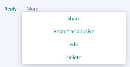 Dropdown menu with options: Share, Report as abusive, Edit, Delete, under the More button next to Reply.