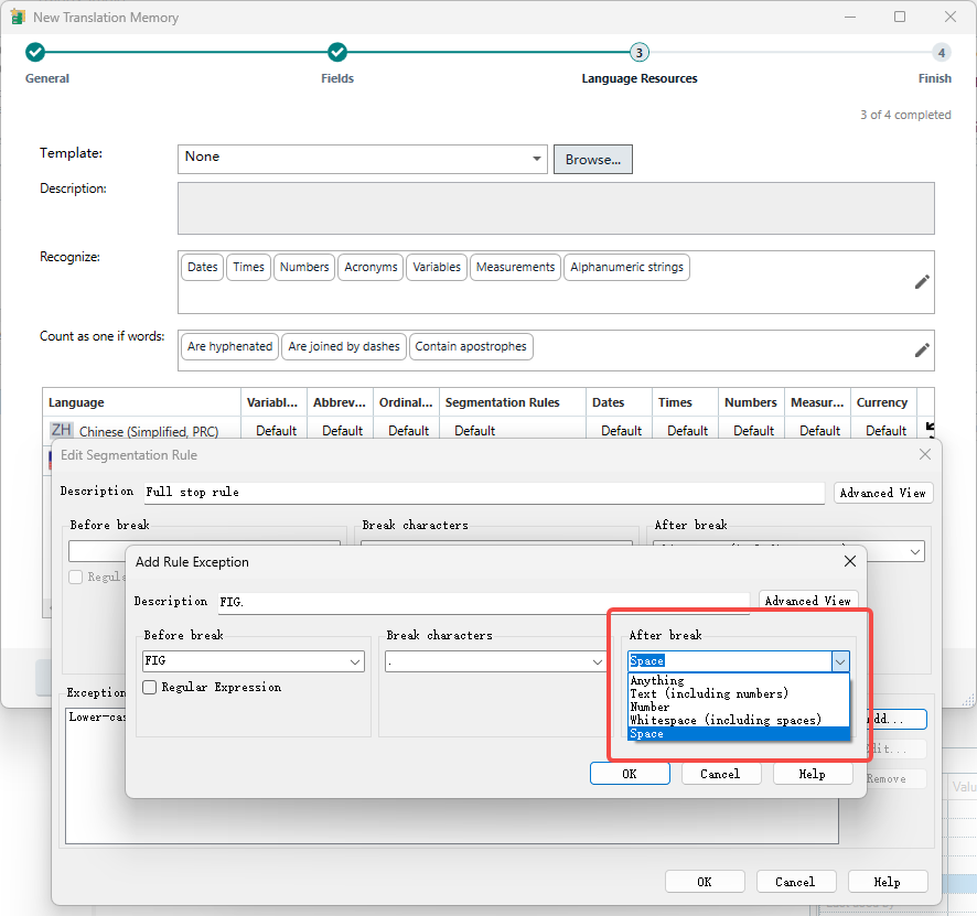 Trados Studio New Translation Memory window showing segmentation rules with a dropdown menu open, selecting 'Whitespace (including spaces)' option.