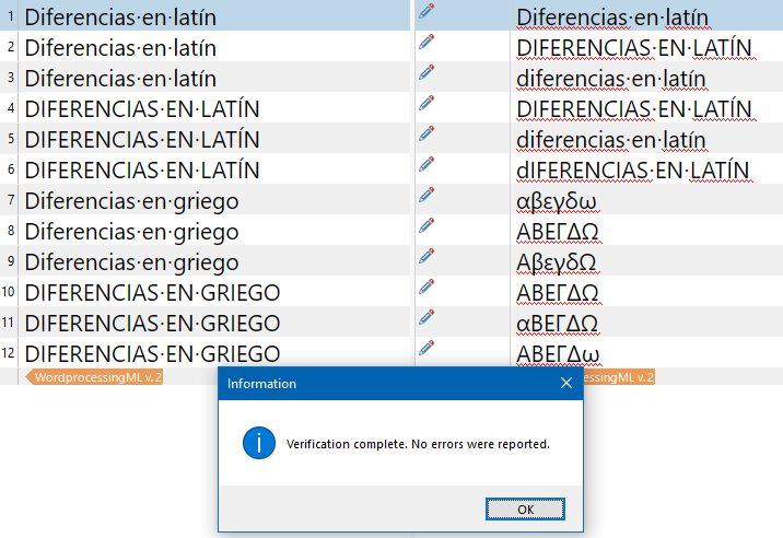 Trados Studio verification dialog showing 'Verification complete. No errors were reported.' with a list of translated segments in the background.