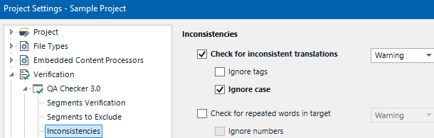 Trados Studio Project Settings window with 'Inconsistencies' section visible, showing 'Check for inconsistent translations' and 'Ignore case' options checked.