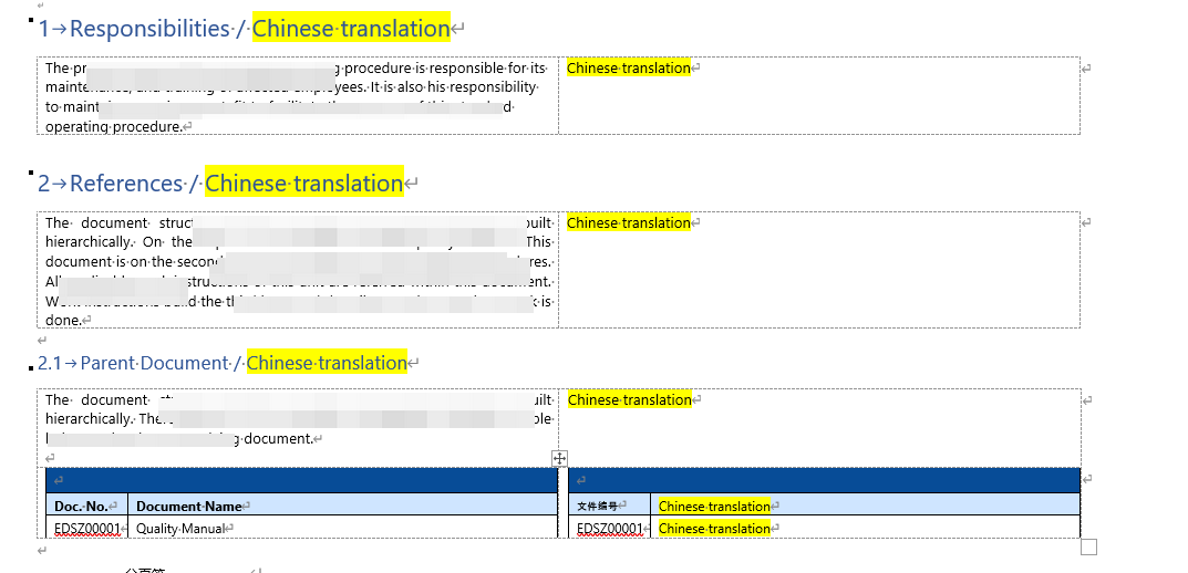 Screenshot of Trados Studio interface showing a Word document with tables. English text in the left column and placeholder text 'Chinese translation' in the right column.