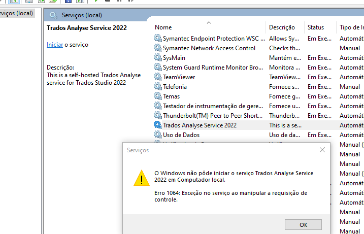 Error message on Trados Analyse Service 2022: Windows cannot start Trados Analyse Service 2022 on local computer. Error 1064: Exception in service control handler.