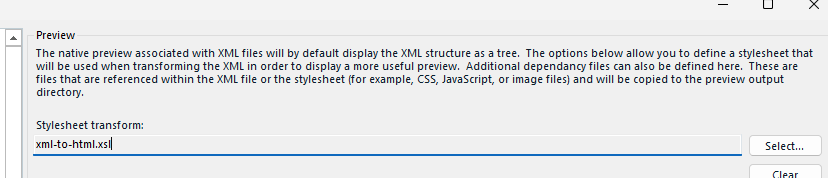 Screenshot of Trados Studio settings showing the Preview section with 'Stylesheet transform: xml-to-html.xsl' selected for XML file previews.