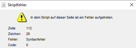 Error dialog box in Trados Studio with a warning icon, indicating a script error at line 112, character 26, with the error message 'Syntax error' and code 0.