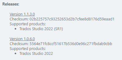 Screenshot showing two release versions for Trados Studio. Version 1.13.0 supports Trados Studio 2022 (SR1) and Version 1.0.6.0 supports Trados Studio 2022.