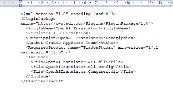 XML code snippet showing plugin details for OpenAI Translator with version 1.1.3.0, requiring Trados Studio version 17.1 to 17.9.