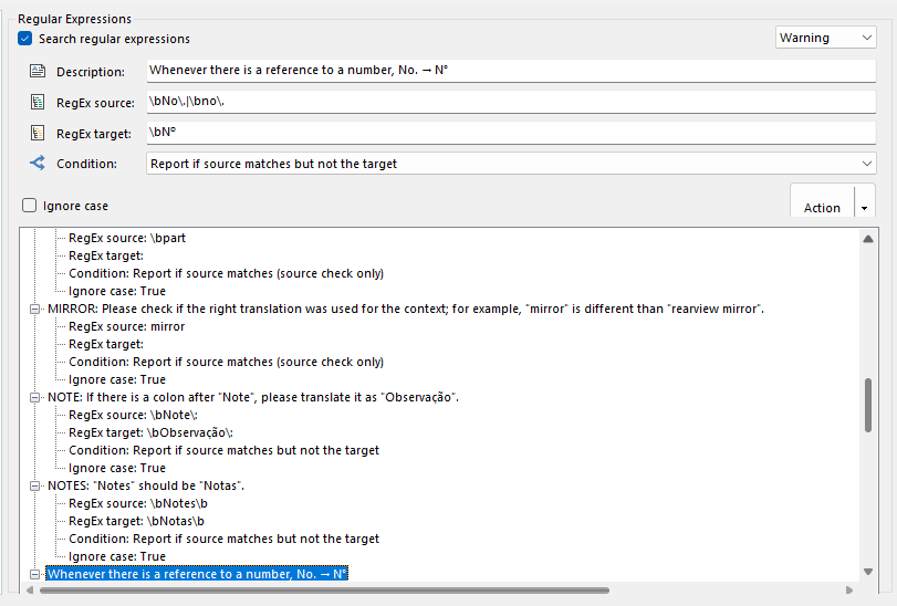 Close-up of Trados Studio Regular Expressions settings with a highlighted rule for number references, showing the RegEx source, target, and condition to report if source matches but not the target.