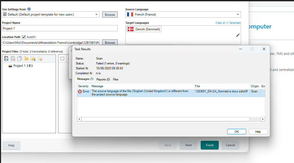 Trados Studio error message stating 'The source language of the file (English (United Kingdom)) is different from the project source language.'