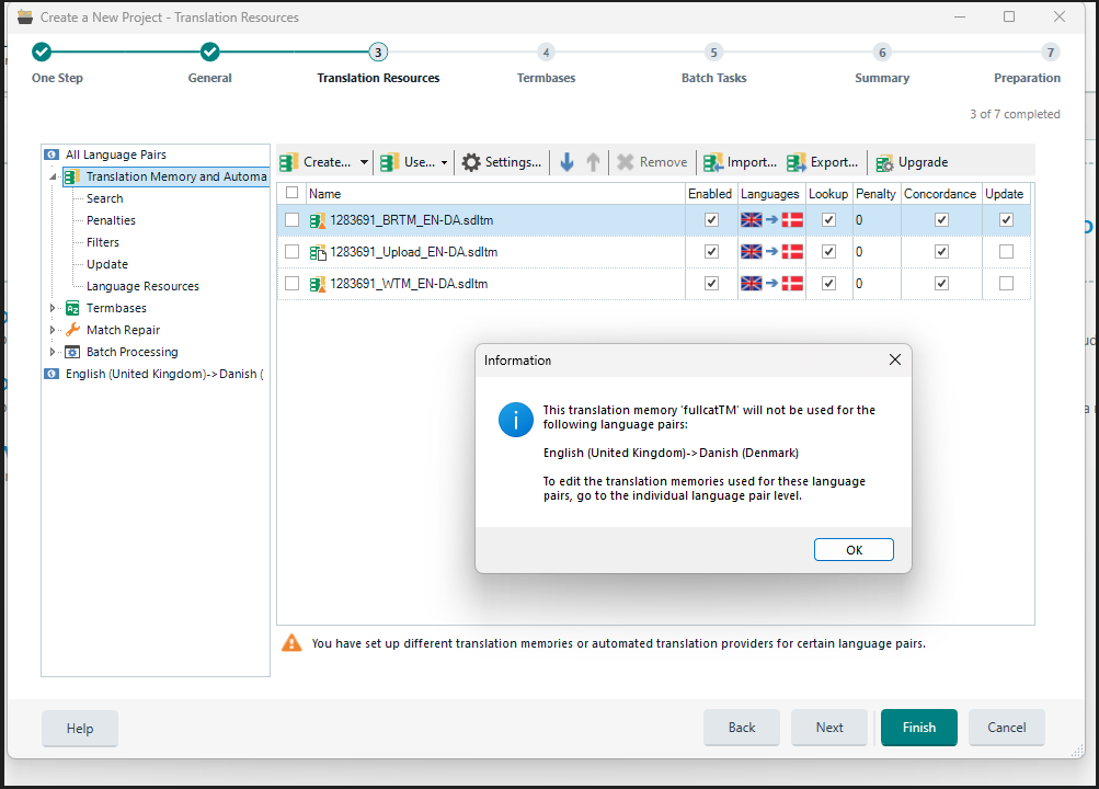 Trados Studio warning message indicating 'This translation memory 'fullcatTM' will not be used for the following language pairs: English (United Kingdom)->Danish (Denmark)'