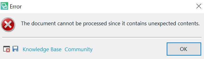 Error dialog box in Trados Studio with message: The document cannot be processed since it contains unexpected contents. Buttons for Knowledge Base and Community are visible.