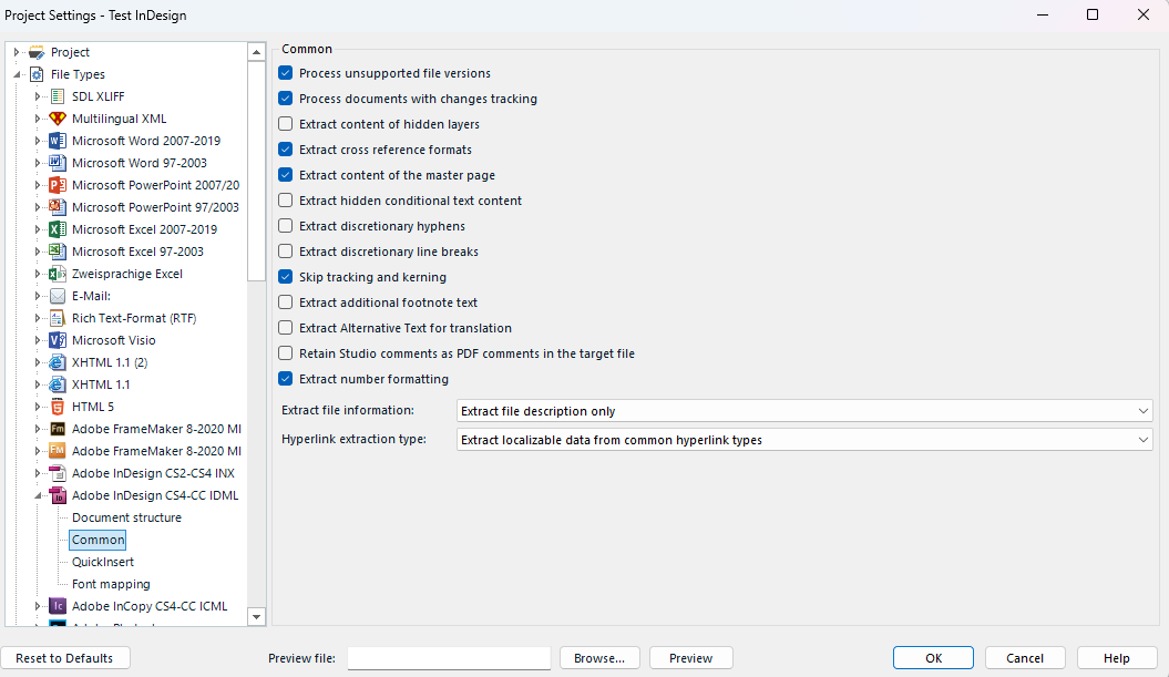 Trados Studio Project Settings window showing InDesign file type options with 'Extract number formatting' option checked.