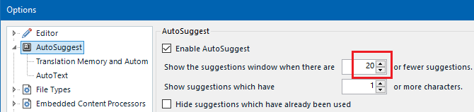 Trados Studio AutoSuggest options window showing 'Enable AutoSuggest' checked and 'Show the suggestions window when there are 20 or fewer suggestions' highlighted.