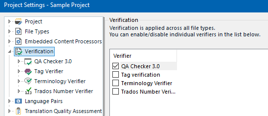 Trados Studio Project Settings window showing Verification options with checkboxes for QA Checker 3.0, Tag verification, Terminology Verifier, and Trados Number Verifier.