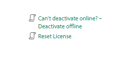 Options in RWS Account showing 'Can't deactivate online? - Deactivate offline' and 'Reset License'.