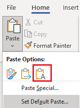 Screenshot of Microsoft Word showing Paste Options with 'Keep Text Only' icon highlighted in red.