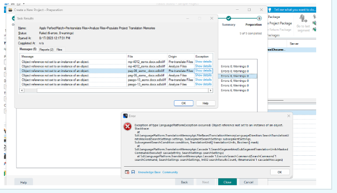 Screenshot of SDL Trados Studio error message stating 'Object reference not set to an instance of an object' for multiple Word files.