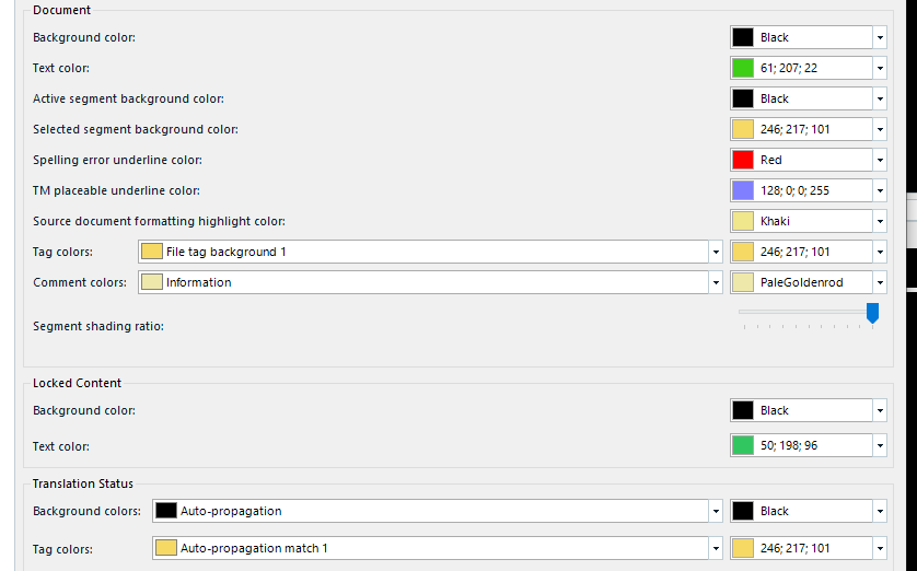 Screenshot of Trados Studio 2022 color settings with background color set to black and text color set to green.