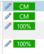 Screenshot showing Trados Studio segment status with pencils lacking check marks, indicating unconfirmed strings. Two segments labeled CM and two with 100% match.