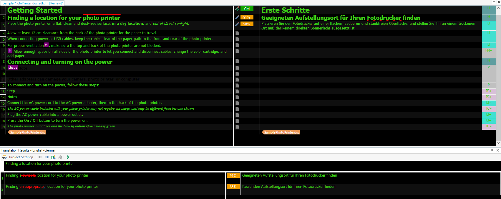 Screenshot of Trados Studio 2022 SR1 showing the editor view with English text on the left and German translation on the right. The text is about setting up a photo printer.