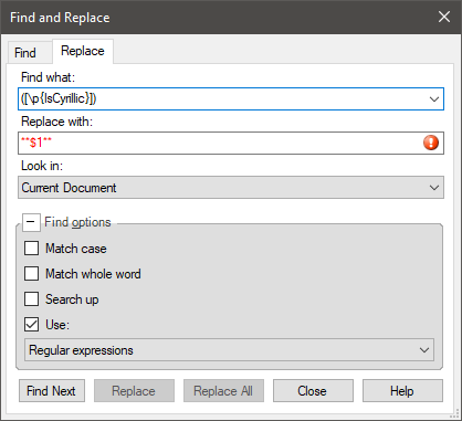 Trados Studio Find and Replace dialog box with regex '(pIsCyrillic)' in 'Find what' field and '$1' in 'Replace with' field, showing an error icon next to it.