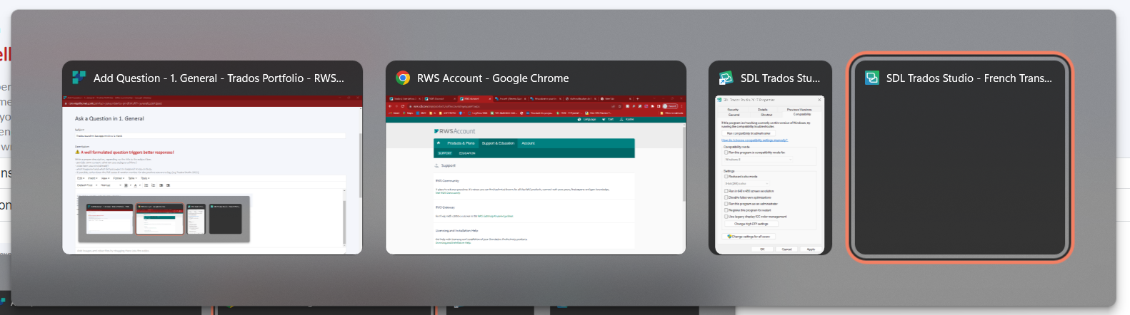Screenshot of a multi-window computer desktop showing a blank SDL Trados Studio app window outlined in red, indicating an error where the content should be displayed.