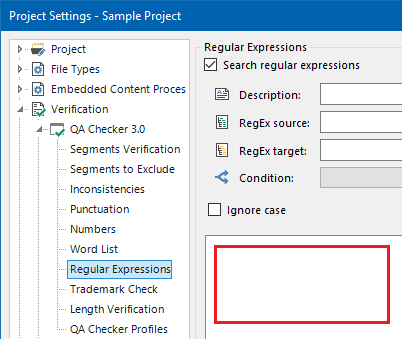 Screenshot of Trados Studio Project Settings showing the Regular Expressions section with no regex rules listed.