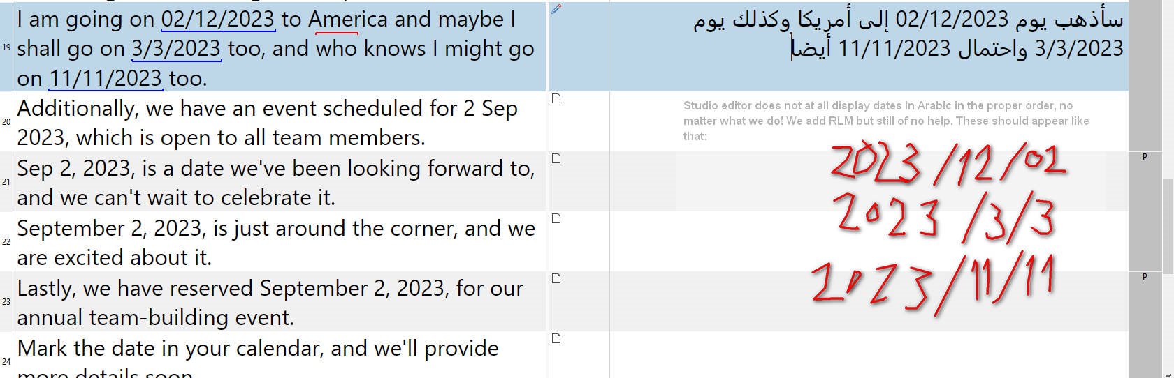 Screenshot of Trados Studio Editor showing text in English on the left and Arabic on the right. A note indicates an issue with displaying dates in Arabic in the correct order despite attempts to fix it.