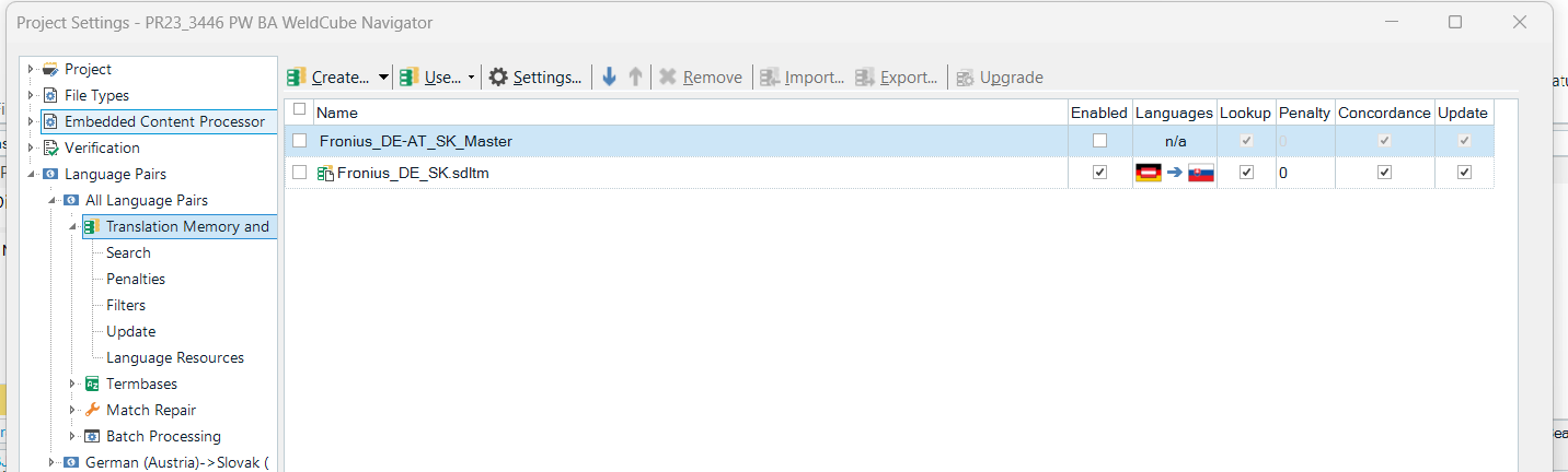 Trados Studio Project Settings window showing Translation Memory and Automated Translation settings with two TMs listed: 'Fronius_DE-AT_SK_Master' highlighted and 'Fronius_DE_SK.sdltm'. Both have concordance check boxes ticked.