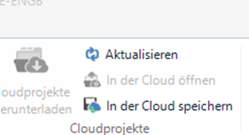 Screenshot of Trados Studio showing buttons for 'Aktualisieren', 'In der Cloud  ffnen', and 'In der Cloud speichern' under the 'Cloudprojekte' section.