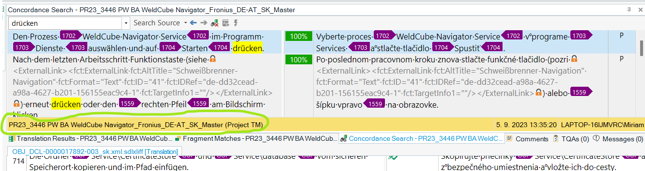 Concordance search results in Trados Studio showing 100% match from 'Fronius_DE_AT_SK_Master' Project TM for the term 'WeldCube.Navigator.Service' highlighted in yellow.