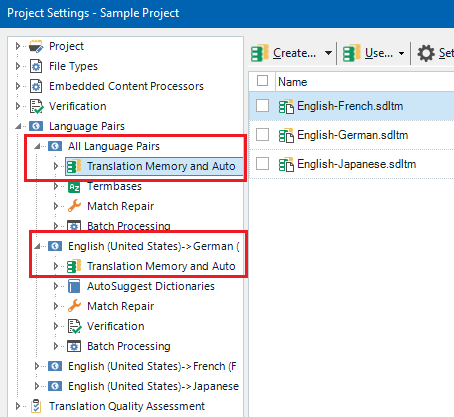 Trados Studio Project Settings window showing Language Pairs expanded with Translation Memory and Automated Translation settings, Term bases, Match Repair, and Batch Processing options for English (United States) to German, French, and Japanese language pairs.