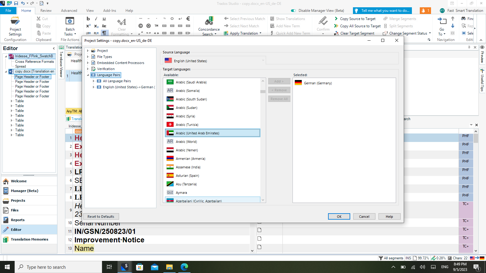 Trados Studio project settings window showing source language as English (United States) and target language list with Arabic (United Arab Emirates) selected but the add or remove buttons are greyed out.